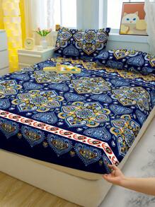 1pc Bohemian Pattern Printed Brushed Fitted Sheet, Bedroom Fitted Sheet With Printed Cover, Bedding