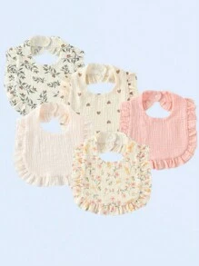 5pcs/Set Baby Bibs With Floral Ruffle Edges, , Absorbent, All Season