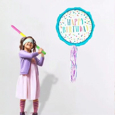 1pc Round Paper Birthday Pinata, Happy Birthday Pinata Colorful Hanging Pinata Set With Bat, Blindfold And Confetti For Birthday Party Decoration And Game