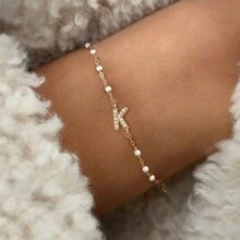 1 Pc Pave  Initial Bracelet Dripping Oil Bead Link Chain Bracelet For Women - White - View 1