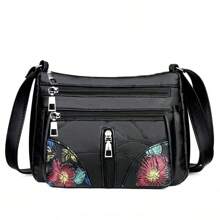 Nova Bolsa Feminina de Textura Macia, Fashionable e Atmosférica, Bolsa a Tiracolo Versátil, Bolsa a Tiracolo com Capacidade Grande, Zíper com Padrão de Flor, Orientação Aleatória