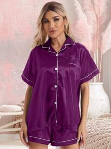 Simple & Casual Color Block Edge Hem Short Sleeve Top And Shorts Pajama Set, Warming - Purple - View 2