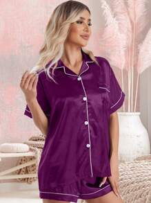 Simple & Casual Color Block Edge Hem Short Sleeve Top And Shorts Pajama Set, Warming - Purple - View 4
