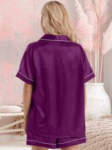 Simple & Casual Color Block Edge Hem Short Sleeve Top And Shorts Pajama Set, Warming - Purple - View 5