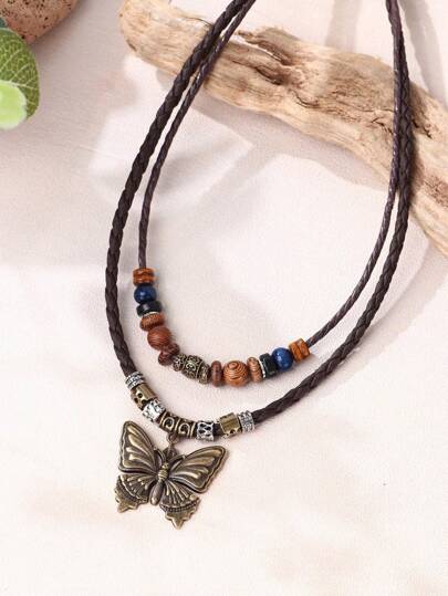 1pc Bohemian Style Vintage Butterfly Pendant Multi-Layer Adjustable Handmade Beaded Necklace For Women