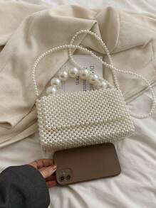 Bolso de mano cruzado hecho a mano con perlas tejidas y cuentas de plástico, bolso de mano y hombro en forma cuadrada, esencial de playa para mujer para el verano. Perfecto para viajes, vacaciones y para la playa. - Beis - Ver 3