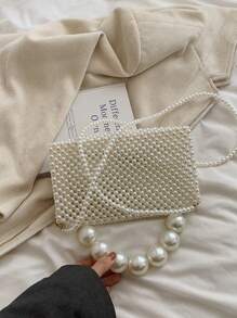 Bolso de mano cruzado hecho a mano con perlas tejidas y cuentas de plástico, bolso de mano y hombro en forma cuadrada, esencial de playa para mujer para el verano. Perfecto para viajes, vacaciones y para la playa. - Beis - Ver 4