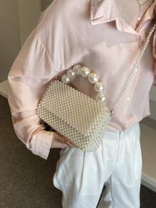 Bolso de mano cruzado hecho a mano con perlas tejidas y cuentas de plástico, bolso de mano y hombro en forma cuadrada, esencial de playa para mujer para el verano. Perfecto para viajes, vacaciones y para la playa. - Beis - Ver 2