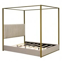 MERAX Queen Size Upholstery Canopy Platform Bed With Headboard And Metal Frame, Beige/Gray - Beige - View 7
