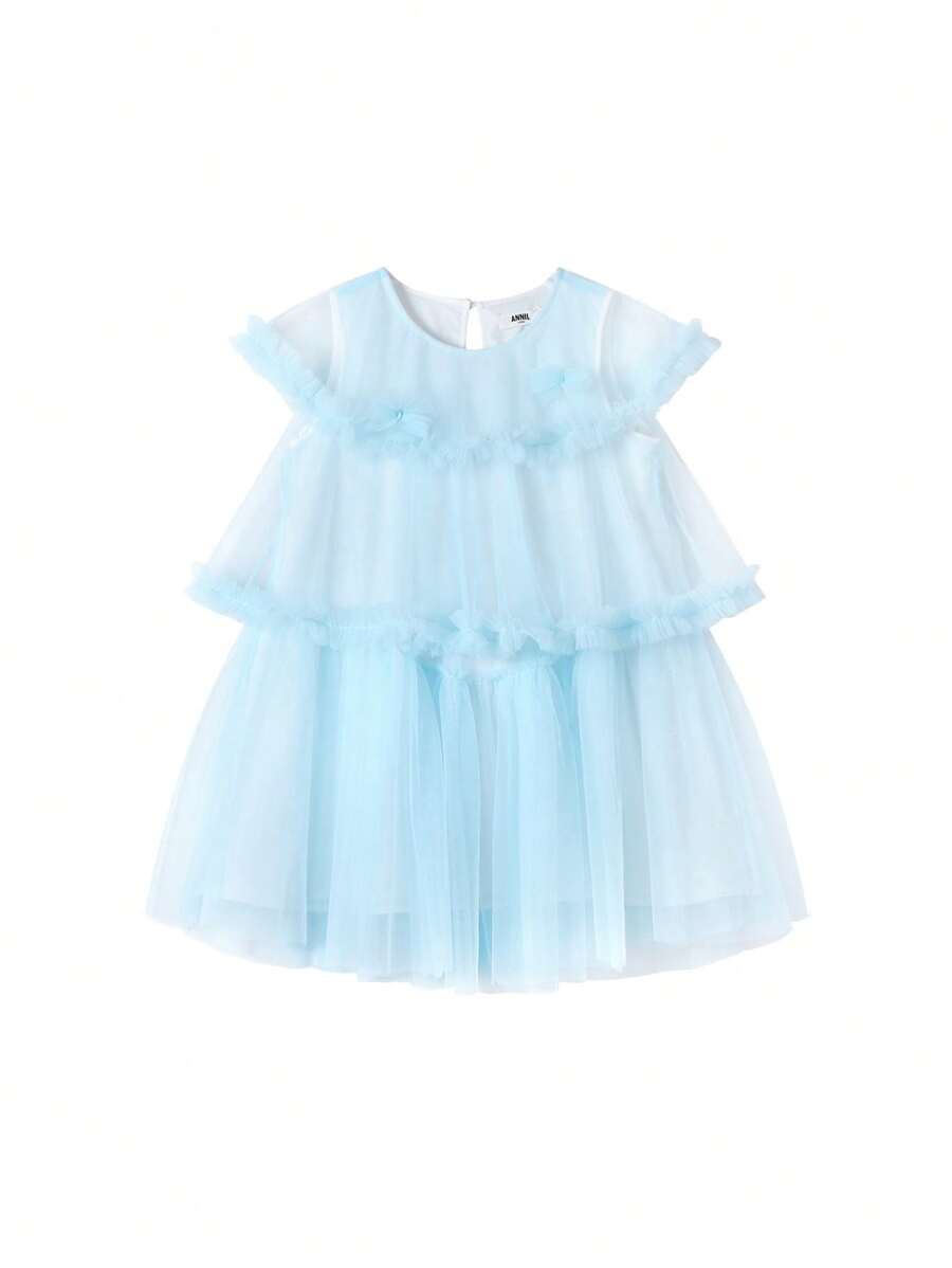 Annil 女童夏季仙女风多层柔软轻盈网纱圆领连衣裙，蓝色 - 藍色 - 查看 1