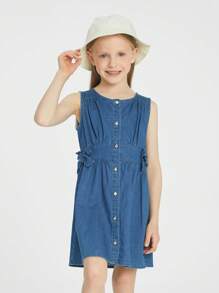 Annil Sommerkleider aus Baumwolle und Denim mit einer süßen und niedlichen Schleife am Rundhalsausschnitt und ärmellos für Tween-Mädchen