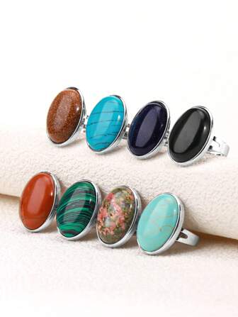 1個csja真正靈氣天然寶石水晶戒指男女適用,粉晶虎眼石青金石黑曜石治療珠寶e832