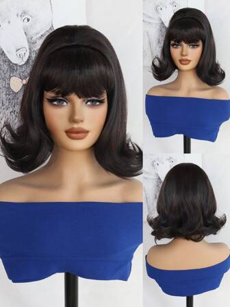 1 pieza Peluca estilo bob ondulado de color marrón oscuro con flequillo, fibra sintética resistente al calor de 12 pulgadas, estilo vintage de los años 60 y 70 tipo colmena, elegante y de moda para uso diario, disfraz y fiestas para mujeres