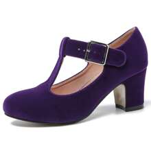 Women's T-Strap Mary Jane Pumps Low Block Chunky Heels Closed Round Toe Dress Wedding Office Work Shoes - 紫色 - 查看 2