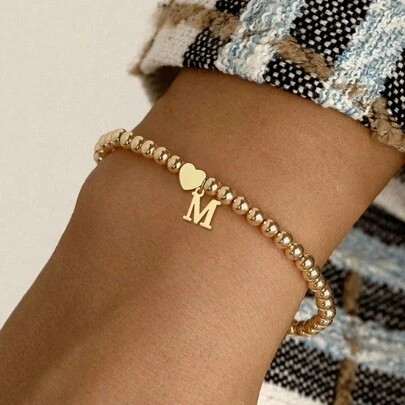 New Luxury Heart-Shaped Letter Pendant 4mm Beaded Bracelet, For Women