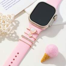 4 piezas Bucles de anillos con decoración de corazón y rhinestone para correas de relojes inteligentes de metal, decoraciones compatibles con la correa del Apple Watch - Talla única - Ver 7