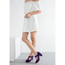 Women's T-Strap Mary Jane Pumps Low Block Chunky Heels Closed Round Toe Dress Wedding Office Work Shoes - 紫色 - 查看 7