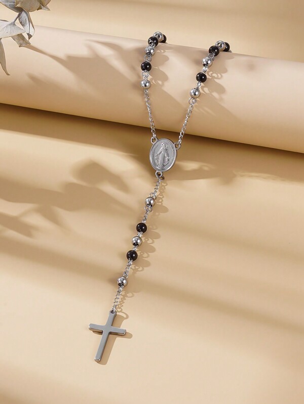 Cadena de cuentas de acero inoxidable de 4mm y colgante de Cruz de estilo europeo/americano, collar estructurado para uso diario, 1 pieza