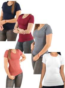 5 PIEZAS BLUSA PLAYERA CAMISETA UNICOLOR MANGA CORTA CUELLO REDONDO MUJER - Rosa vieja - Ver 1