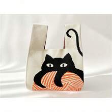 New Arrival Cute Cat Knitted Shoulder Bag Handbag, Versatile Large Capacity Tote Bag - Beige - View 2