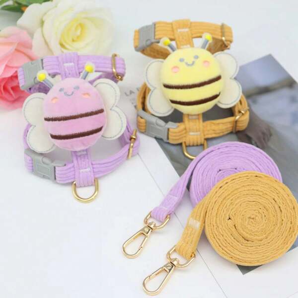 1pc Purple Polyester Cute Bee Pet Harness With Leash For Small And Medium Cats And Dogs, Suitable For Outdoor Use
