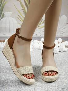 女式高跟楔形涼鞋,時尚圓頭漁夫風格編織草麻空心鞋帶式踝帶鞋 - 杏色 - 查看 4