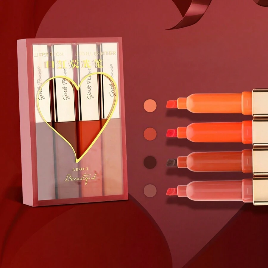 4pcs Lipstick Rouge Highlighter Pens Set Red Pink Color Marker For Reading Drawing Art Painting Girls Gift - Red - View 1
