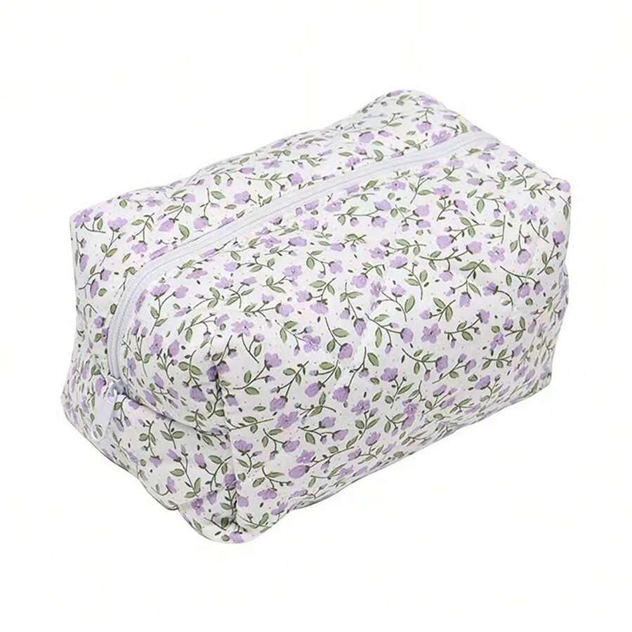 Flower Printed Zipper Makeup Bag Storage Organizer Makeup Accessory Toiletry Handbag Cosmetic Pouch Large Travel Cosmetic Bag - Purple - View 1