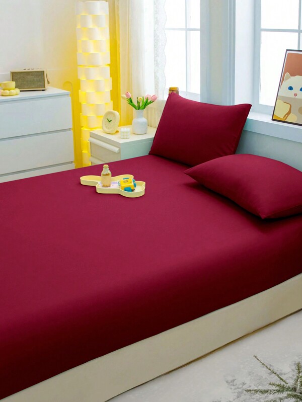1pc Solid Color Brushed Bedspread, Bedroom Wine Red Bed Cover, Bedding