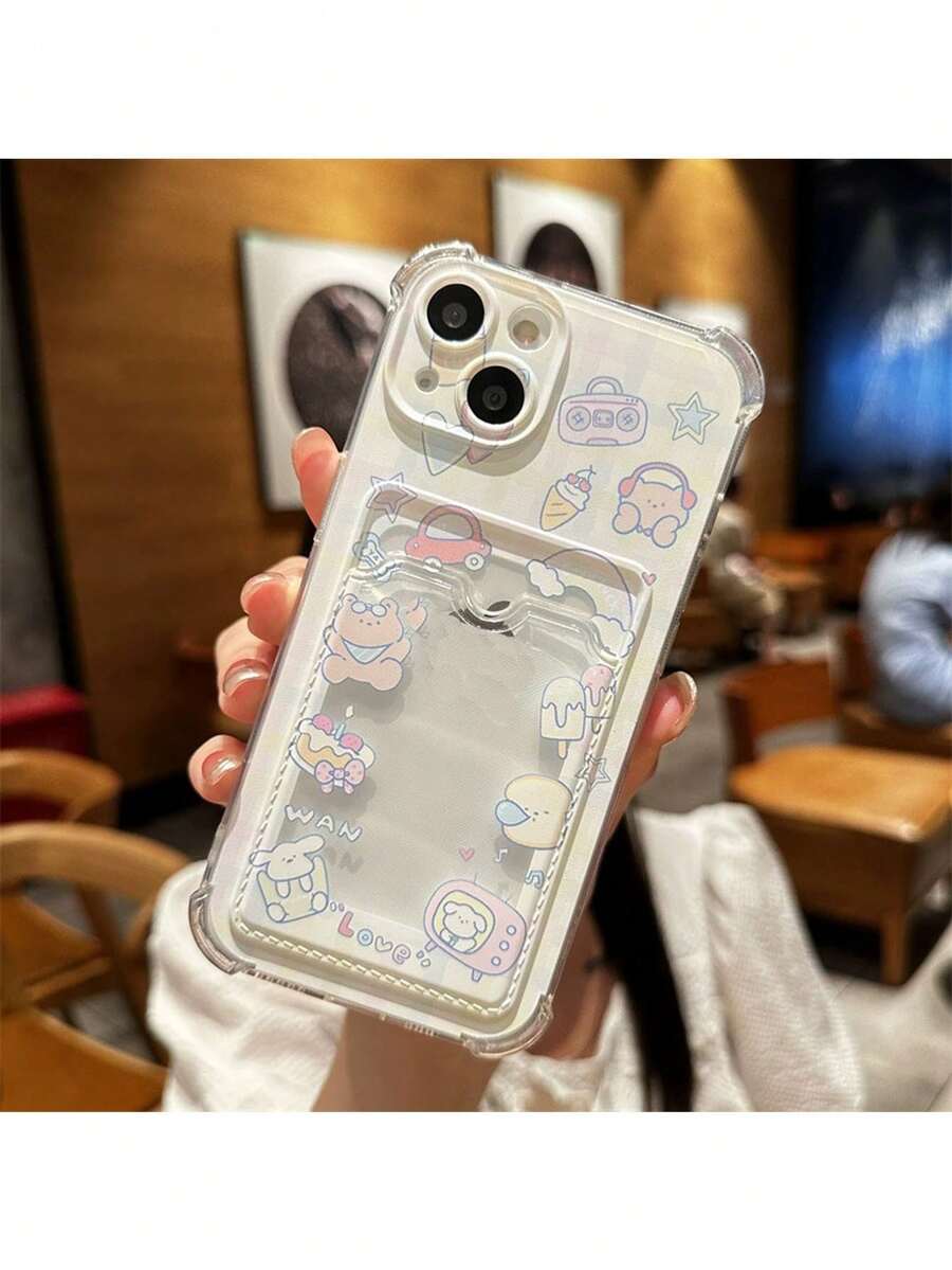 照片展示手機殼/卡片收納盒適用於蘋果iphone 14/13/15promax,以可愛卡通兔子和熊設計為特色。適用於情侶的iphone 11/12/卡片口袋x/xr/矽xsmax/8plus/7 - 無色 - 查看 1