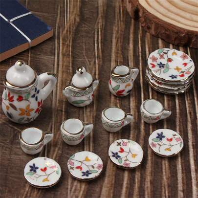 15pcs 1:12 Miniature Ceramic Tea Set With Floral Pattern, Realistic Tiny Tableware, Tea Cup, Pot, Plate, Ideal For Dollhouse Kitchen, Party Decor (Some Accessories Color Random)