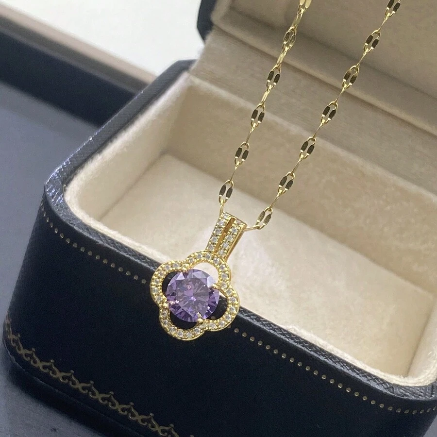 1 Miếng Tinh tế & Đúng mốt Khối Zirconia  Tím Zirconia Four-leaf Clover Vòng cổ bằng thép không gỉ , Thanh lịch Và Thích hợp Đối với Của phụ nữ Mặc hàng ngày - Màu tím - Xem 1