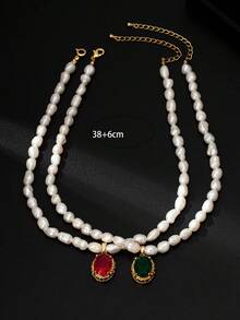 1 件不对称天然淡水珍珠项链，风格简约，设计古朴，传达出海洋度假氛围 - 綠寶石款 - 查看 5