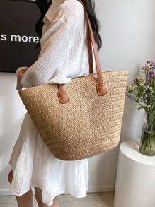 女士时尚编织手提包，大容量单肩手提包，百搭通勤外出水桶包，夏季女士度假包，假期，草编钱包，草编沙滩包，沙滩必需品，沙滩必需品，沙滩用品和夏季必需品，时尚柳条包，夏季时尚度假包