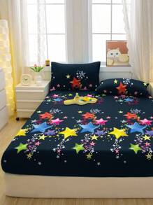 1pc Colorful Star Print Brushed Fitted Sheet, Bedroom Printed Bed Cover, Bedding