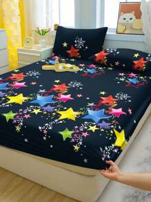 1pc Colorful Star Print Brushed Fitted Sheet, Bedroom Printed Bed Cover, Bedding