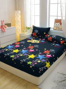 1pc Colorful Star Print Brushed Fitted Sheet, Bedroom Printed Bed Cover, Bedding