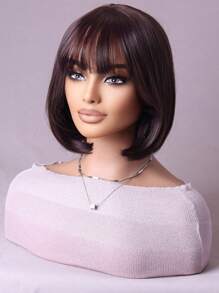 Parrucca Capelli Corti Castani Dritti Multicolore Moda Donna Con Frangia Copertura Completa Della Testa - Marrone scuro - Visualizzare 2