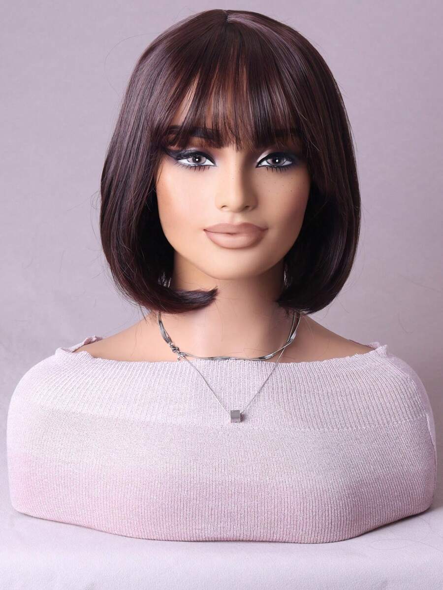 Parrucca Capelli Corti Castani Dritti Multicolore Moda Donna Con Frangia Copertura Completa Della Testa - Marrone scuro - Visualizzare 1