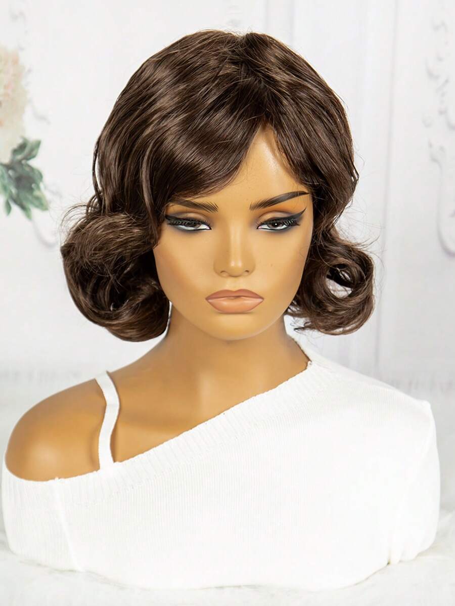 Short Synthetic Fiber Light Brown Curly Wig For Daily Cosplay, Wig Cap Included, Spring - Brown - View 1