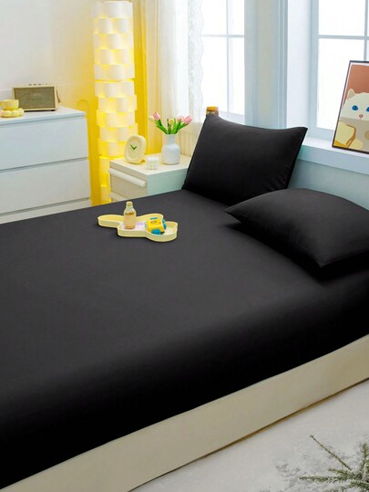 1pc Solid Color Brushed Fitted Sheet, Bedroom Black Bed Cover, Bedding
