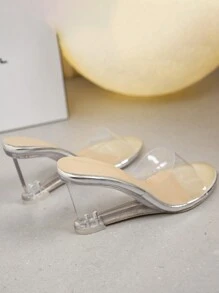 Jelly Transparent High Heeled Sandals For Women, Peep Toe Square Shaped, Crystal Decor Wedge Heels, Summer New Arrival - Silver - View 4