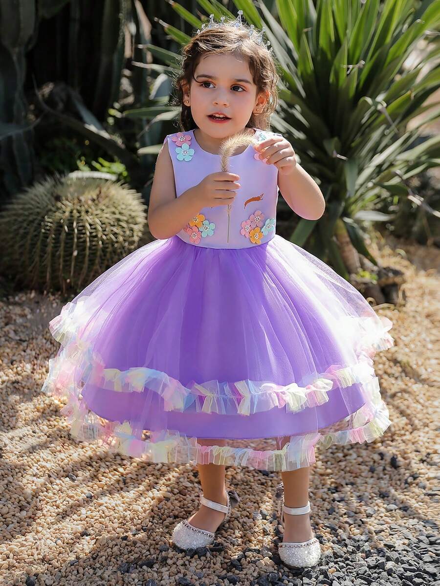 年輕女孩優雅可愛的連衣裙，採用網紗和緞面料製成，有3D花卉裝飾 - 紫色 - 查看 1