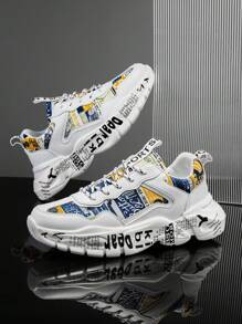 Chaussures de sport pour hommes avec lacets et imprimé aléatoire, polyvalentes, confortables, légères, pour usage décontracté et extérieur. Baskets de course pour couple - Blanc - Voir 1
