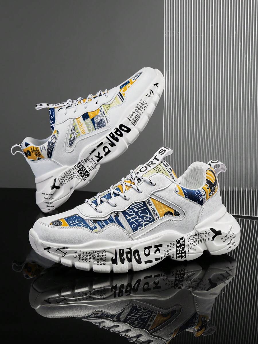 Chaussures de sport pour hommes avec lacets et imprimé aléatoire, polyvalentes, confortables, légères, pour usage décontracté et extérieur. Baskets de course pour couple - Blanc - Voir 1