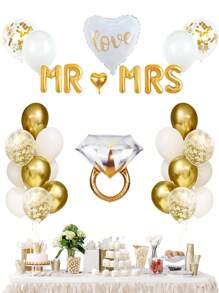 32件組金色訂婚派對裝飾，含Mr. & Mrs.、愛心造型、乳膠亮片氣球、金色訂婚戒指，金色主題訂婚裝飾，單身派對、婚禮新娘洗禮裝飾 - 多色 - 查看 1