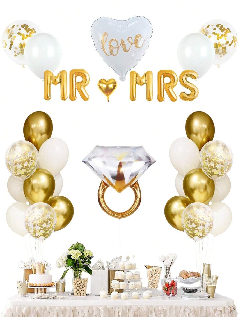 32件組金色訂婚派對裝飾，含Mr. & Mrs.、愛心造型、乳膠亮片氣球、金色訂婚戒指，金色主題訂婚裝飾，單身派對、婚禮新娘洗禮裝飾 - 多色 - 查看 1