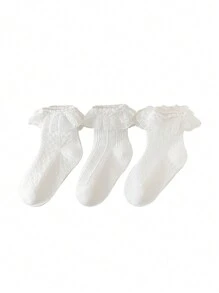 3 Paare Kniehohe Socken Für Süße Mädchen Mit Spitze, Tasseln Und Schleifen, Weiche, Atmungsaktive Mesh-stoff, Reinweiß