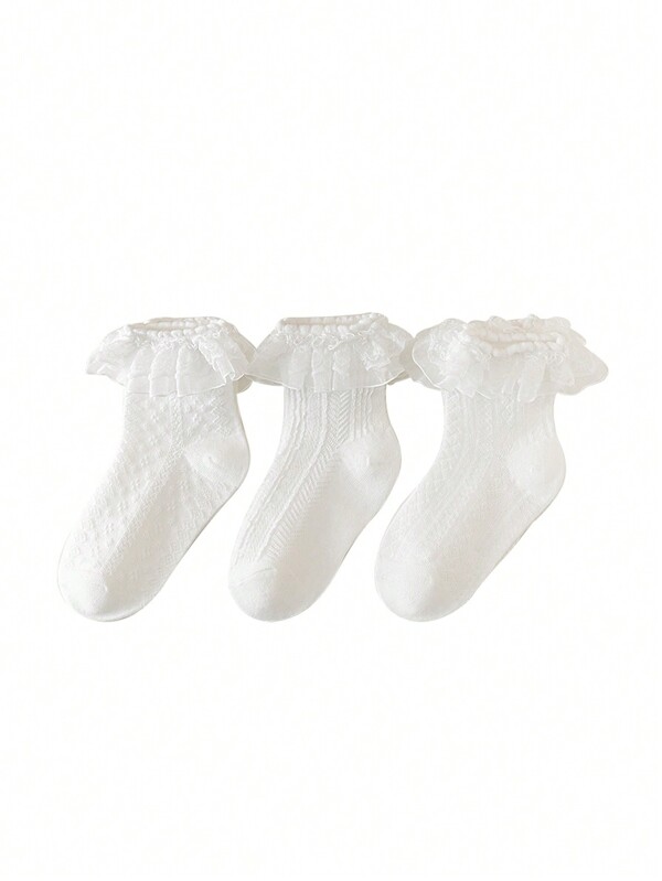 3 Paare Kniehohe Socken Für Süße Mädchen Mit Spitze, Tasseln Und Schleifen, Weiche, Atmungsaktive Mesh-stoff, Reinweiß