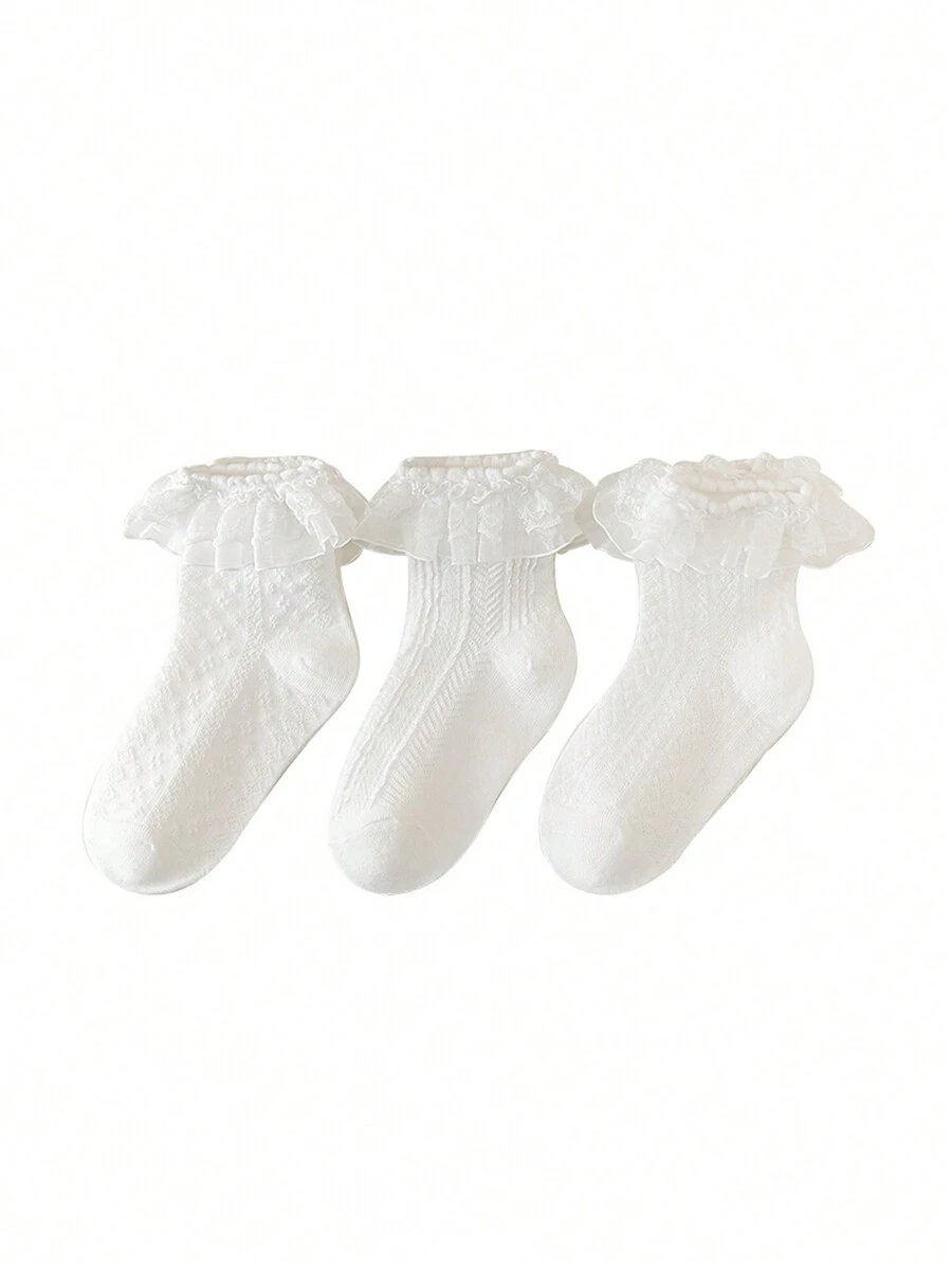 3 Paare Kniehohe Socken Für Süße Mädchen Mit Spitze, Tasseln Und Schleifen, Weiche, Atmungsaktive Mesh-stoff, Reinweiß